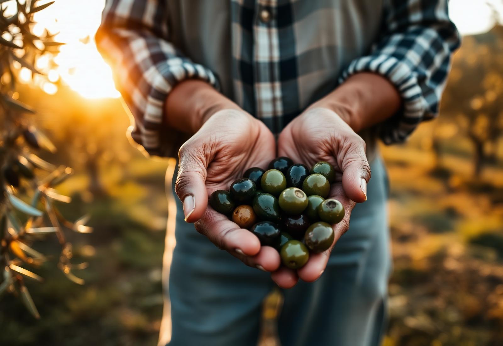 Le mani di un produttore italiano con olive appena raccolte